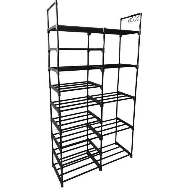 Lendo Online Opvouwbare Schoenenrek 16 vakken en handige haken - Schoenenkast - Opbergkast - Campingkast - Kampeerkast - 86x31x158cm - Zwart