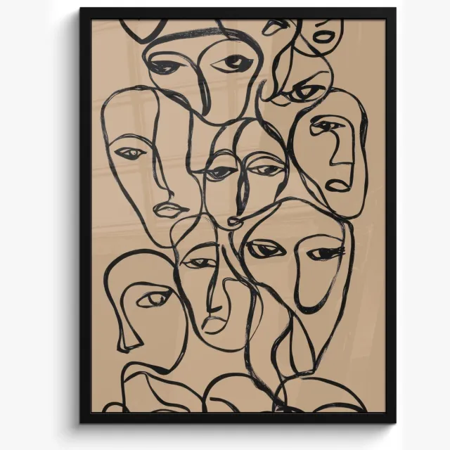 FrameYourWall Poster in lijst - Fotolijst 60x80 cm - Posters - Gezichtenzee - Lijntekening - Abstract - Posterlijst zwart - Decoratie - Wanddecoratie woonkamer - Muurdecoratie slaapkamer Gezichten - Lijntekening