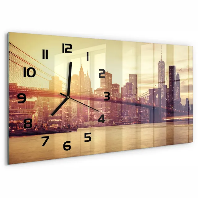 TULUP Wandklok - Manhattan, New York Glazen Klok Met Print - 60x30 cm - Bruin Wandklok Glas Met Motief - Zwarte handen - Rechthoekige Klok - Wandklok Glas Decoratie - Gekleurde Glazen Klok