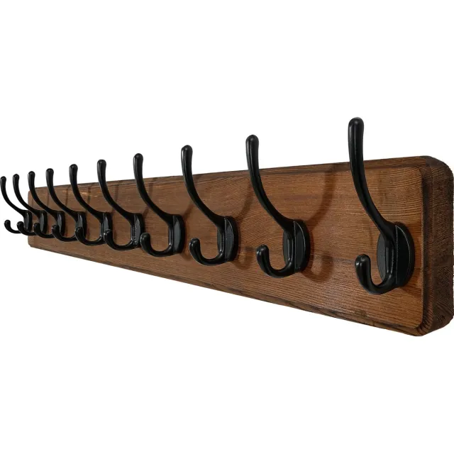 Famanu Kapstokhaak van 98 cm, wandkapstok van hout met 10 haken, kapstokrail voor jassen, rustiek bruin