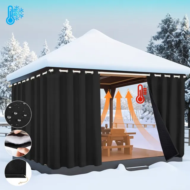 MUPOO 2x Waterdicht Winddicht Deurgordijn - Thermisch Isolerend 405gsm - Verduisterend - Warmte & Koudwerend - Oogjes & Stangzak - Gewatteerd - voor Lakeside Cottages, Balkon, Thuis, Pergola(Zwart, B132xH274cm)