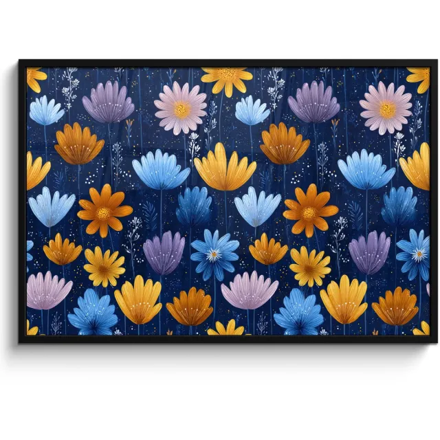 FrameYourWall Poster in lijst - Fotolijst 120x80 cm - Posters - Bloemen - Patroon - Blauw - Contrast - Posterlijst zwart - Decoratie - Wanddecoratie woonkamer - Muurdecoratie slaapkamer Bloemen - Patroon - Contrast