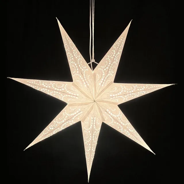 MoreThanHip Kerstster papier met verlichting - 60 cm diameter, 21 cm diep - Kerst ster voor binnen - Sumana Wit - Handgeschept papier - Incl. USB-LED-verlichtingsset (5m. snoer, schakelaar en bevestigingsclip) - Raamdecoratie - Kerstversiering - Kerstverlichting