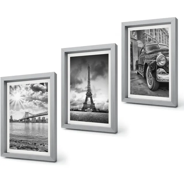 Coloray 4-Delige Schilderij Set - Stadsgezichten Bruggen Eiffeltoren Klassieke auto - 20 x 30 cm - Decoratieve Schilderijen - Wanddecoratie - Hal - Woonkamer Decoratie Zilveren lijst