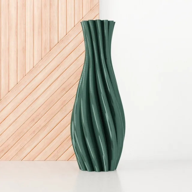 Fleuriek Vloervaas Groen; Glanzend - H50 cm - Elegante hoge vaas van gerecycled kunststof met gestreept patroon- Spiraal vaas voor pampas pluimen