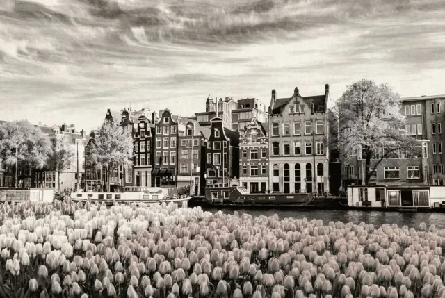 Atelier Iconique Skyline Amsterdam Black and White Ink Wash Skylines - Print op Canvas 90x60 cm - Atelier Iconique zwart
