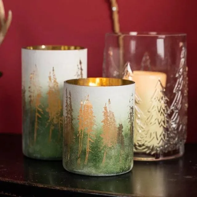 Mood4Christmas Kaarsenhouder 'Pines' - groot - Groen/Wit/Goud - Glas - H15 cm - Werner Voss Divers