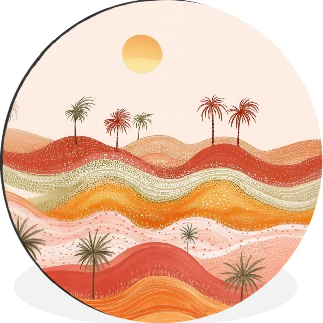 WallCircle Wandcirkel - Muurcirkel - Abstract landschap - Palmbomen - Kleurrijk - Aluminium - Dibond - 120x120 cm - Binnen en Buiten