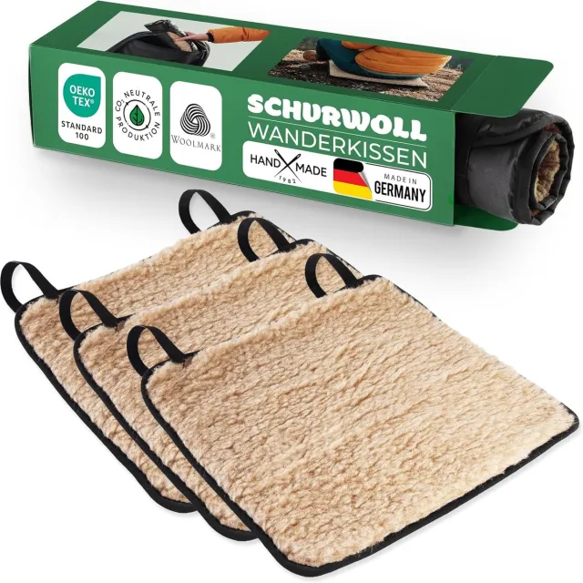 Novaliv 3-delige set trekkingzitkussens, 38 x 38 cm, lichtbruin, wandelzitkussen, wol, polyamide achterkant, waterafstotend, PU-gecoat, warm thermisch zitkussen, compact - voor wandelen, hutten, parkbanken