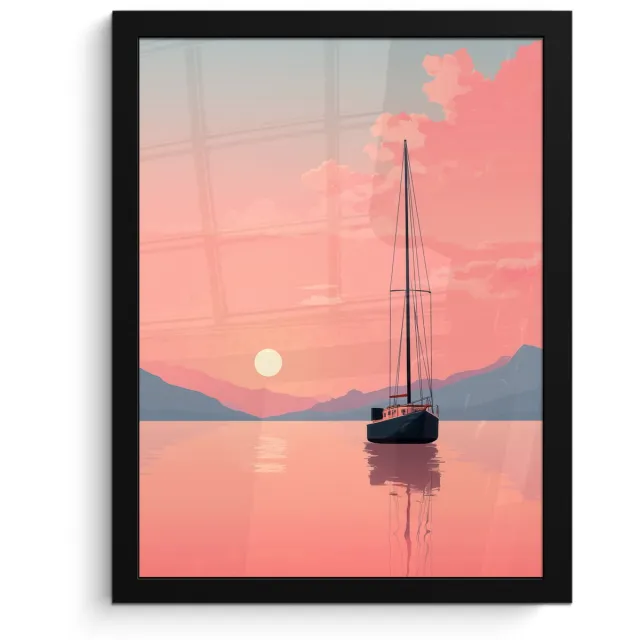 FrameYourWall Poster in lijst - Fotolijst 30x40 cm - Posters - Zeilboot - Roze zee - Zonsondergang - Bergen - Posterlijst zwart - Decoratie - Wanddecoratie woonkamer - Muurdecoratie slaapkamer Zeilboot - Zee - Bergen