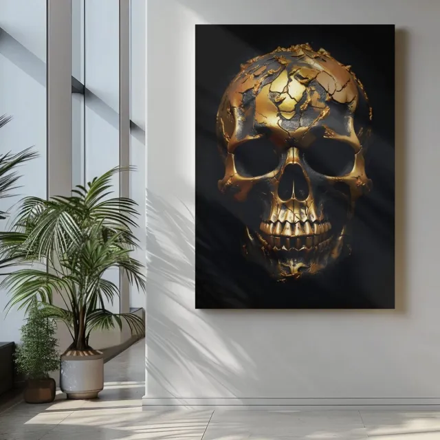 Trendex Global Canvas - Schilderij - Gouden Schedel - Wanddecoratie - 90x60x2 cm Zwart