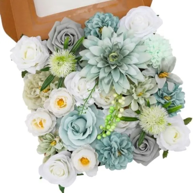 PromoHome Kunstbloemen Set Blauwgroene Mix - 10 Stuks Zijden Dahlia's en Rozen met Stengels voor Bruiloft Decoratie, Tafelstukken en Woondecor