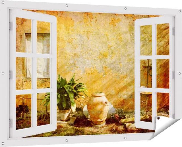 Gards Tuinposter Doorkijk Oude Stenen Muur - 150x100 cm - Tuindoek - Tuindecoratie - Wanddecoratie buiten - Tuinschilderij Wit