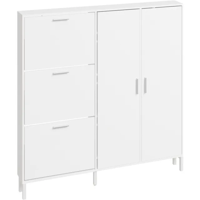 SoBuy Schoenenkast wit - Schoenenkast met 2 klapdeuren en 3 lades - Schoenenkast hout met 8 verstelbare planken en zilverkleurige handgrepen - Wit schoenenkastje | FSR231-W