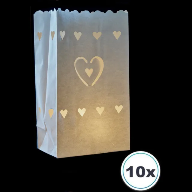 Volanterna 10 Candle Bags Veel Harten – Papieren Lichtzakken – Windlichten – Kaarsenhouders – Brandvertragend Papier – Voor Binnen & Buiten – Sfeervol en Liefdevol – Candlebag wit