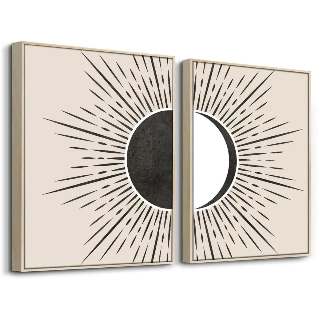 My Ninki ® Moderne Boho Zon en Maan Wanddecoraties met Lijst in Scandinavische Stijl voor Diverse Interieurs