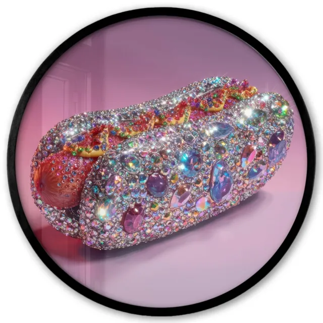 FrameYourWall Poster in lijst Rond - Fotolijst 40x40 cm - Posters - Hotdog - Steentjes - Glitters - Paars - Ronde posterlijst zwart - Decoratie - Wanddecoratie woonkamer - Muurdecoratie slaapkamer