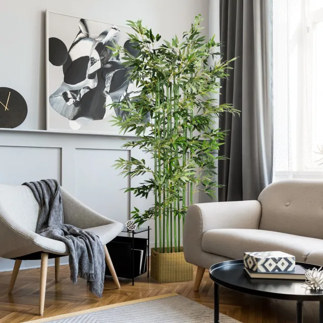 MEUNIQ Kunstmatige bamboe 180 cm kunstplant met pot voor binnen & buiten, groene decoratieve vloerplant voor woonkamer, kantoor of entree