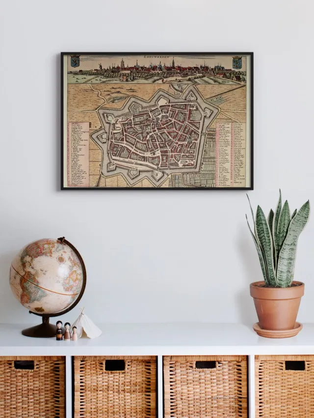 Esque Poster In Zwarte Lijst - Historische Oude Kaart Leeuwarden - Stadsplattegrond 1664 - 50x70 cm