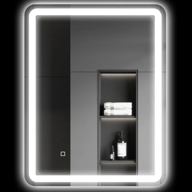 MEUNIQ Badkamerspiegel 70 x 90 cm - verlichte wandspiegel met zilverkleurige lijst, aanraakbediening, 3 lichtkleuren, dimbaar en anticondensfunctie
