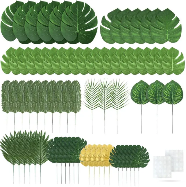 Fissaly 75 Stuks Tropische Bladeren Decoratie met Lint – Kunst Blad – Verjaardag Jungle Versiering – Palm – Groen & Goud Goud & Groen