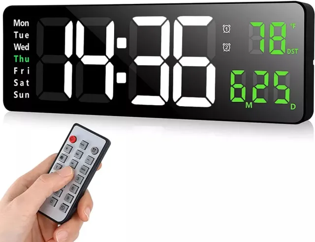Dutchers Digitale Wandklok met Groot 6" Display – Multifunctionele Klok met Dubbele Wekker, Temperatuur, Datum, Afteltimer & 10 Helderheidsniveaus – - Dementieklok - 2M USB-Kabel – 12/24u Instelbaar Zwart/groen
