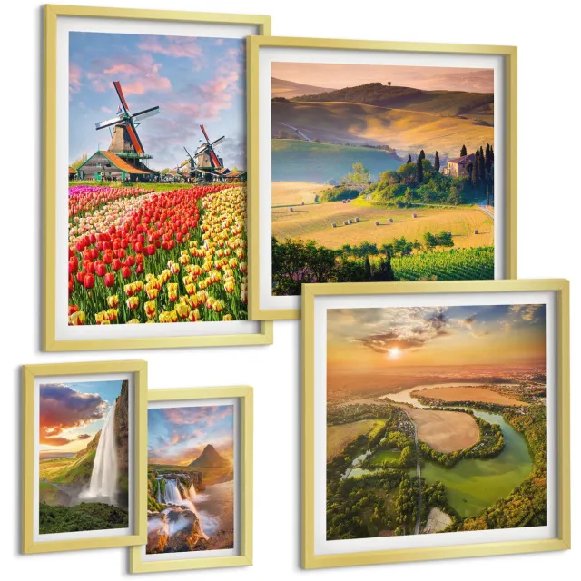TULUP 5-Delige Schilderij Set - Natuurlijke landschappen met watervallen en windmolens op de achtergrond. - 50 x 50 cm, 20 x 30 cm en 40 x 60 cm - Wanddecoratie - Schilderijen Set - Interieur - Decoratieve Schilderijen Gouden lijst