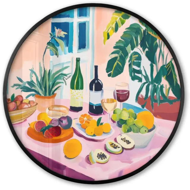 FrameYourWall Poster in lijst Rond - Fotolijst 80x80 cm - Posters - Tafel - Wijn - Fruit - Ronde posterlijst zwart - Decoratie - Wanddecoratie woonkamer - Muurdecoratie slaapkamer