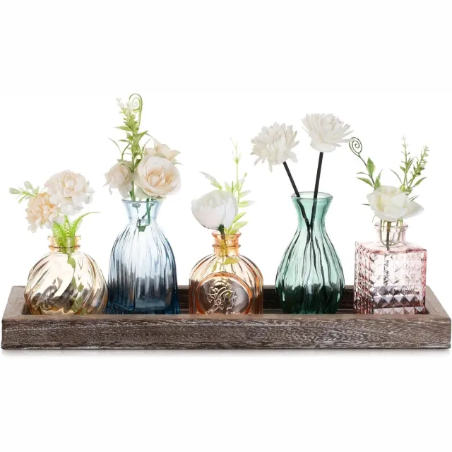 Famanu Kleine Glazen Vaas Voor Thuis: 5 Kleurrijke Bud Vases Met Houten Dienblad Voor In De Woonkamer Kantoor Eettafel Tafelstuk - Classy Bloemenvazen Set Voor Verjaardag Verjaardagscadeaus Multicolor