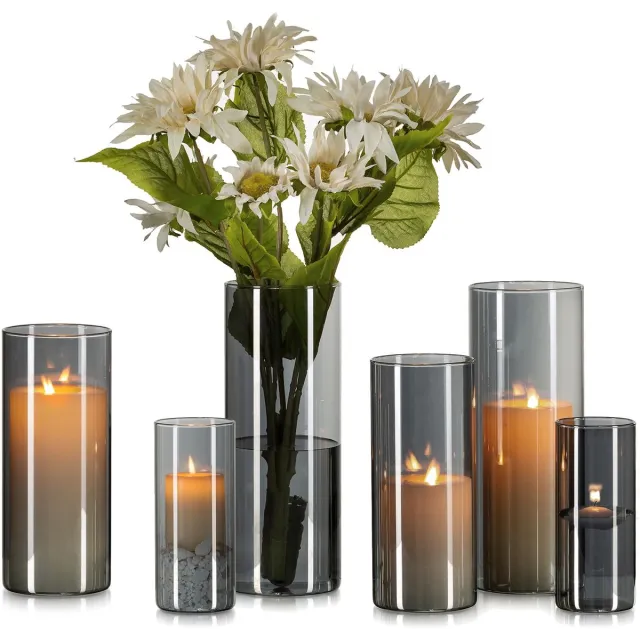 Famanu Decoratieve vaas set in zwart, 6 chique cilinder vazen voor tafel en windlicht Grijs