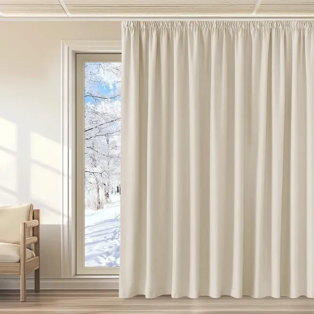 Famanu Lichtbeige gordijn met plooiband, ondoorzichtig en thermisch, grote breedte, ideaal voor woonkamer en slaapkamer voor privacy en temperatuurregulatie