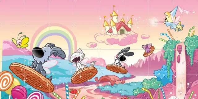 IXXI Woezel & Pip in het Land van je Ogen Dicht, Woezel & Pip & Van Hoorne Studios - 160 x 80 cm - Grote wanddecoratie en posters - Speels Blauw / Roze