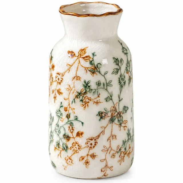 SWGOTA Keramische vaas met craquelé, 12,8 cm hoog, groen-bruin takkenmotief en golvende rand, voor kunstbloemen Wit