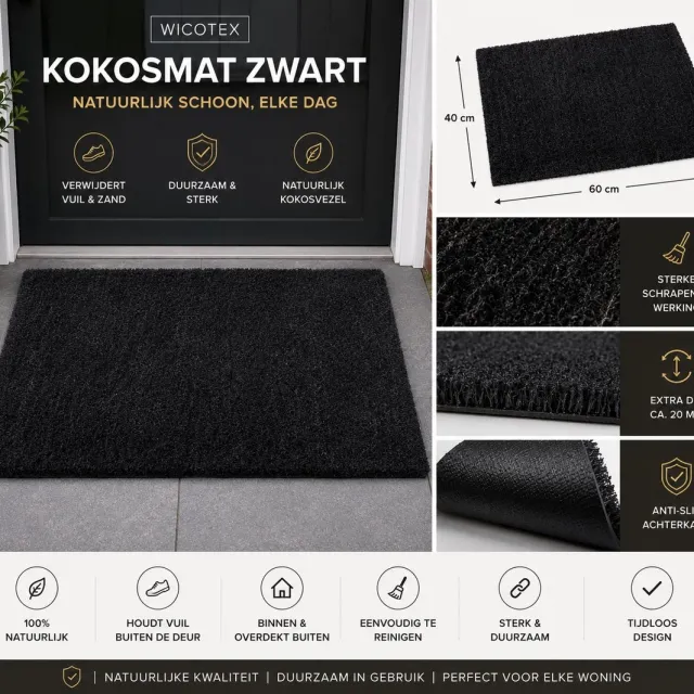 Wicotex Deurmat - Kokosmat - Schoonloopmat - Kleur zwart - Afmeting 40x60cm