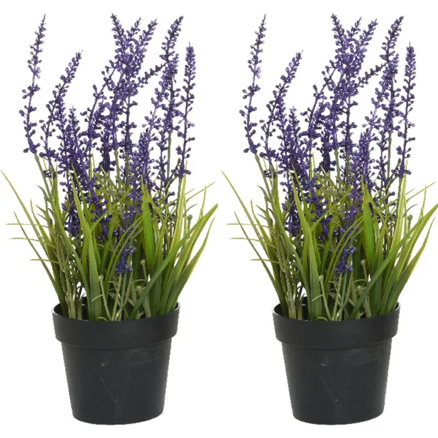 Everlands Lavendel - 2x stuks - kunstplant in pot - violet paars - D15 x H30 cm