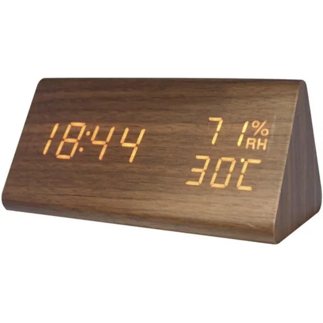TIN-IN Digitale Tafelklok - Bureauklok met Houtlook - Temperatuur en Luchtvochtigheidsmeter - Donker hout + Witte cijfers - Wekker - Slaapkamer en Bureau