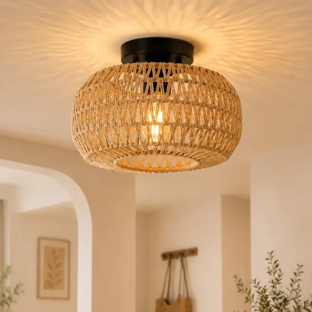 MUPOO Boho Rotan Plafondlamp Ø28 cm–Landelijk Plafonnière met E27 LED Filamentlamp –plafonniers plafondverlichting Voor Slaapkamer, Woonkamer, Hal en Entree goud