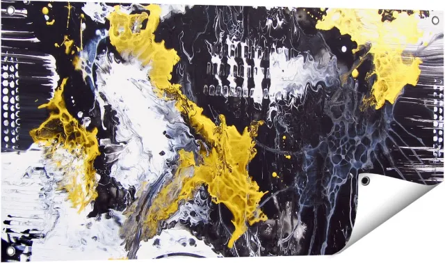 Gards Tuinposter Abstracte Kunst met Zwart, Wit en Goud - 100x50 cm - Tuindoek - Tuindecoratie - Wanddecoratie buiten - Tuinschilderij Multikleur
