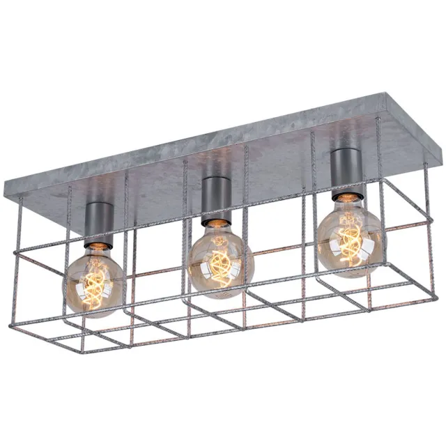 Globo Lighting Plafondlamp 3 vlammen woonkamer industriële spot E27, metalen rooster zinkkleurig, 3x E27 stopcontacten, LxBxH 60x20x25,8 cm zilver