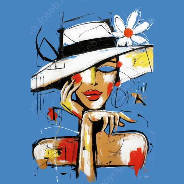John Joseb Art (Aluminium) 60x40 | Vrouw met hoed en bloem, abstract in Herman Brood stijl, portret. kunst, mens, bruin, rood, blauw, wit, modern | foto-schilderij op dibond, metaal wanddecoratie Aluminium, dikte 3 mm