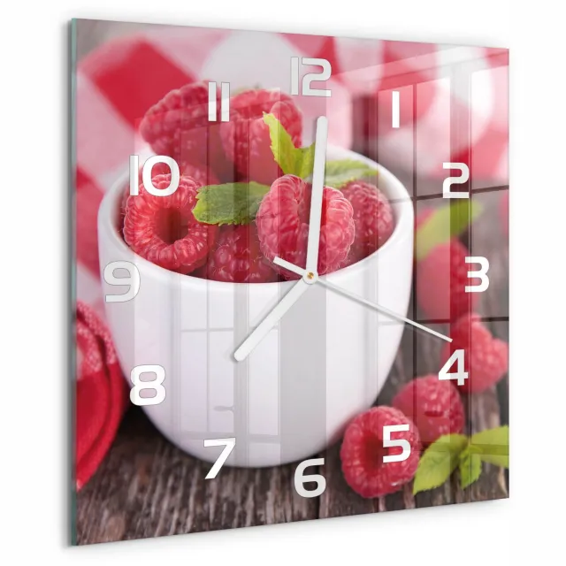TULUP Wandklok - Frambozen in een kom Wandklok Glas Met Motief - 30x30 cm - Rood Decoratieve Glazen Klok - Witte handen - Vierkante Klok - Gekleurde Glazen Klok - Glazen Klok Met Print