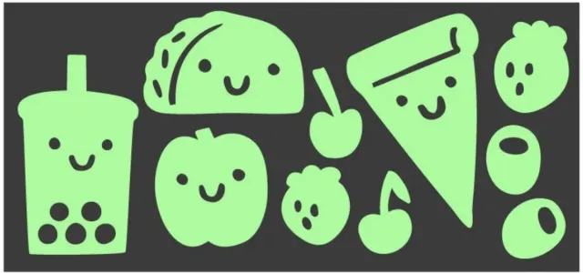 GLOPLAY Mini Series Collaboration with Steph Stilwell - The Brightest Glow in The Dark Wall Stickers “Silly Snacks by Steph Stilwell" - Package size: 11x51cm 17gr Groen