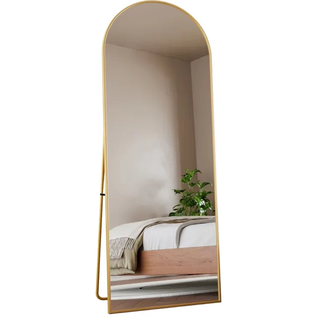 Happiq Staande Spiegel 162 x 53 Cm - Gebogen Full - Goudkleurig Frame - Body Spiegel, HD Reflectie, Vrijstaand met - voor Slaapkamer en Woonkamer