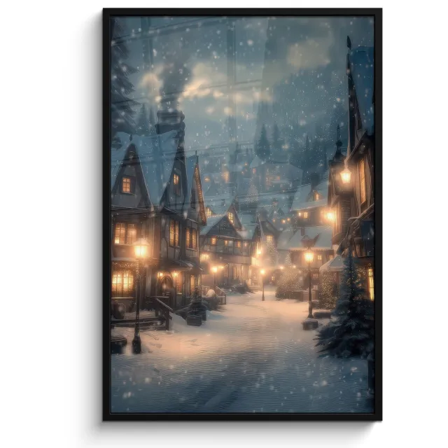 FrameYourWall Poster in lijst - Fotolijst 80x120 cm - Posters - Winterdorp - Sneeuw - Donker - Posterlijst zwart - Decoratie - Wanddecoratie woonkamer - Muurdecoratie slaapkamer