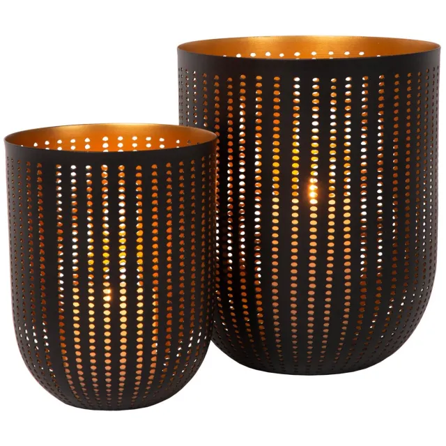 Atmooz Kaarshouder Silva - Set van 2 - Zwart met Gouden Binnenkant - Windlichten voor Stompkaarsen - Ø 16 & Ø 21,5 cm zwart - goud binnenin