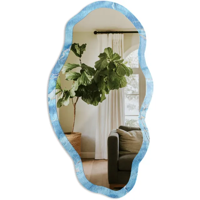 TULUP Blauwe Marmer Spiegel - Blauw Rechthoekige Spiegel Met Modern Design - Organische Spiegel - Badkamer, Slaapkamer, Woonkamer - Abstract - 45x90 cm - Totale afmeting 52x97 cm Blauw MarmerPatroon, Blauw