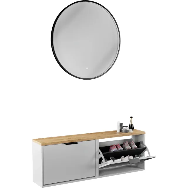 Planetmöbel STIVIO - Schoenenkast 60 cm - Wit grijs - Set van 2 - Met LED-spiegel VELUNA ⌀ 80 cm