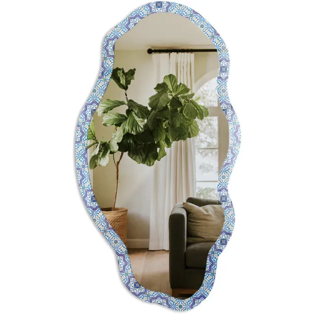 TULUP Meditatiepatroon Spiegel - Blauw Stijlvolle Wandspiegel - Organische Spiegel - Badkamer, Keuken, Hal - Geometrisch - 45x90 cm - Totale afmeting 52x97 cm Meditatiepatroon, Blauw