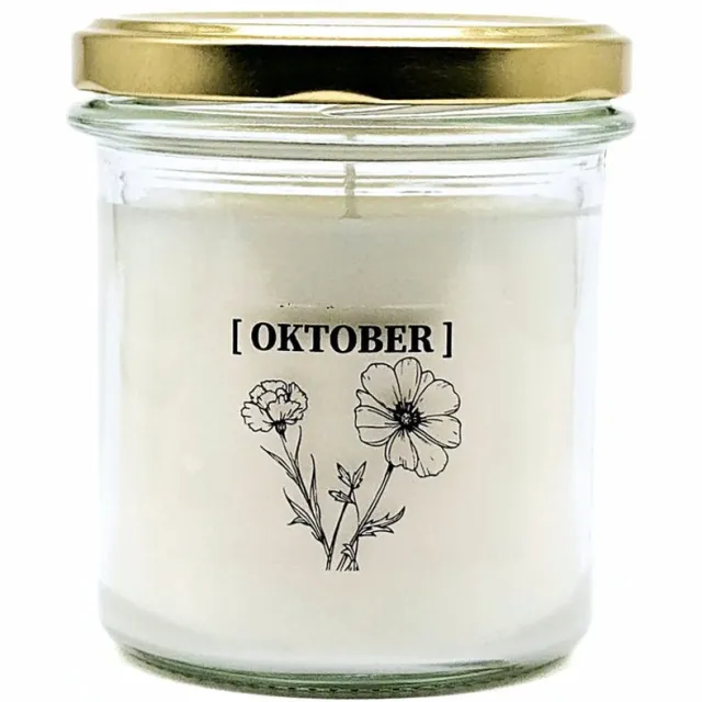 Candlelight-on geurkaars met geboortebloem en geboortedatum - 24 oktober - o.b.v. sojawas en etherische oliën Wit