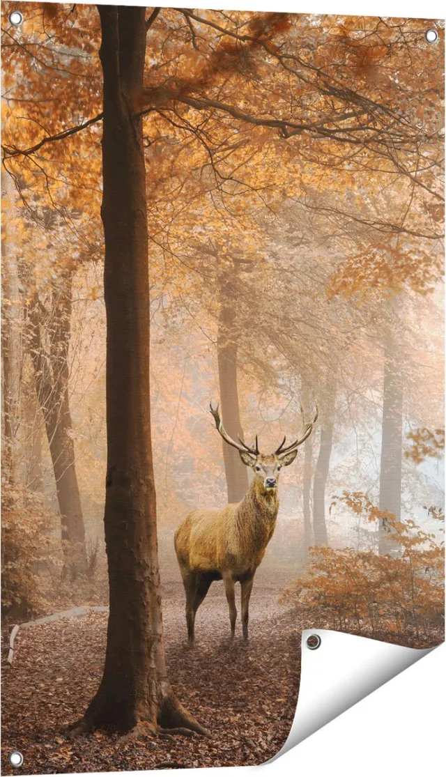 Gards Tuinposter Hert in het Bos - Herfst - 60x90 cm - Tuindoek - Tuindecoratie - Wanddecoratie buiten - Tuinschilderij Multikleur